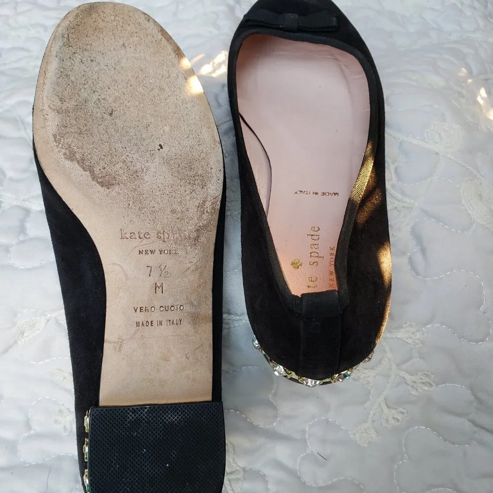 EUC KATE SPADE midnight black suede flats with jeweled gold heels (7.5)